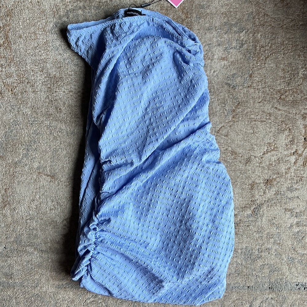 Blue One Shoulder Textured Ruched Midi Dress - Picture 5 of 8